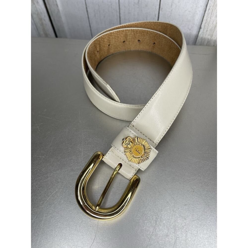 Vintage Linda Allard Ellen Tracy Belt 90s Leather Cream Gold Buckle Size Medium